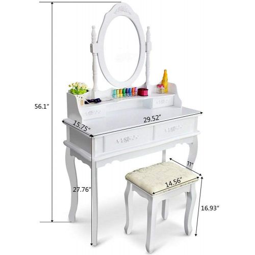  kwantasmile White Vanity Makeup Dressing Table Set w/Stool 4 Drawer&Mirror Jewelry Wood Desk