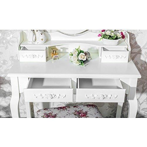  kwantasmile White Vanity Makeup Dressing Table Set w/Stool 4 Drawer&Mirror Jewelry Wood Desk