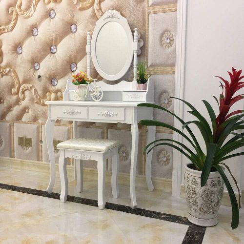  kwantasmile White Vanity Makeup Dressing Table Set w/Stool 4 Drawer&Mirror Jewelry Wood Desk