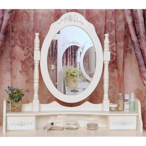  kwantasmile White Vanity Makeup Dressing Table Set w/Stool 4 Drawer&Mirror Jewelry Wood Desk