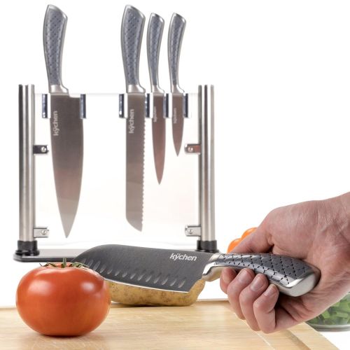  Set of 5 Tizona Kitchen Knives - Premium Stainless Steel Cutlery with Patterned Handles & Clear Acrylic Display Case, Professional Cutting Utensils by Kychen