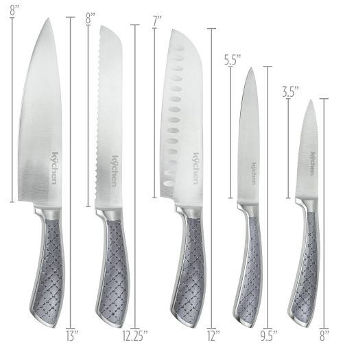  Set of 5 Tizona Kitchen Knives - Premium Stainless Steel Cutlery with Patterned Handles & Clear Acrylic Display Case, Professional Cutting Utensils by Kychen