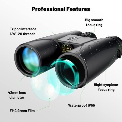  [아마존베스트]Kylietech Binoculars 12 x 42 HD Compact Binoculars Waterproof for Bird Watching, Hiking, Hunting, Sightseeing, FMC Lens including carry case, carrying strap and smartphone adapter.