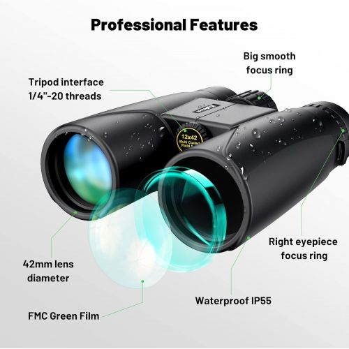  [아마존베스트]Kylietech Binoculars 12 x 42 HD Compact Binoculars Waterproof for Bird Watching, Hiking, Hunting, Sightseeing, FMC Lens including carry case, carrying strap and smartphone adapter.