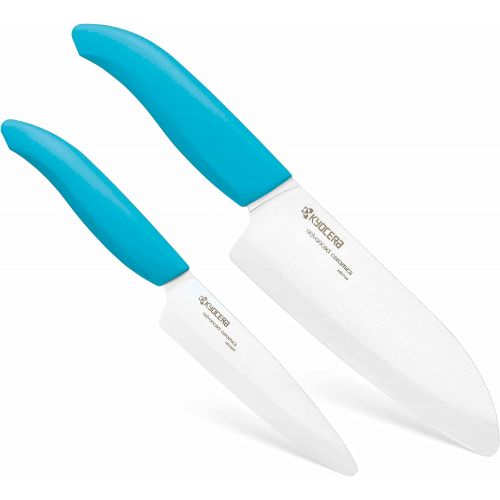  Kyocera Revolution Series 2-Piece Ceramic Knife Set: 5.5-inch Santoku Knife and a 4.5-inch Utility Knife, Blue Handles with White Blades