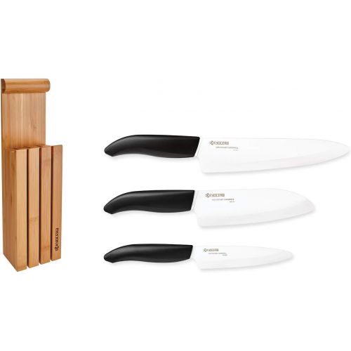  Kyocera 4-Piece Essential Knife Block Set: Includes 3 Ceramic Knives and Bamboo Block, Revolution Series Black Handles wWhite Blades