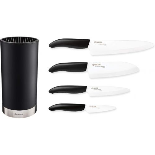  Kyocera Universal Knife Block Set Includes: black Soft Touch Round Block & 4 Revolution Series ceramic Knives, White Blades