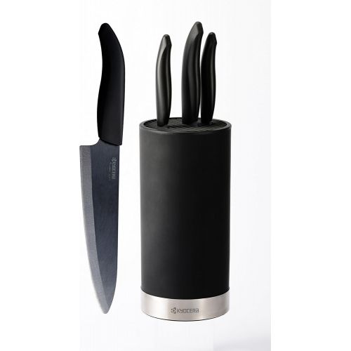  Kyocera Universal Knife Block Set Includes: black Soft Touch Round Block & 4 Revolution Series ceramic Knives, White Blades