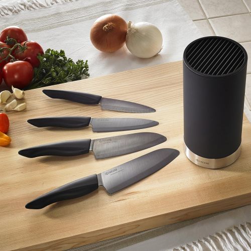  Kyocera Universal Knife Block Set Includes: black Soft Touch Round Block & 4 Revolution Series ceramic Knives, White Blades