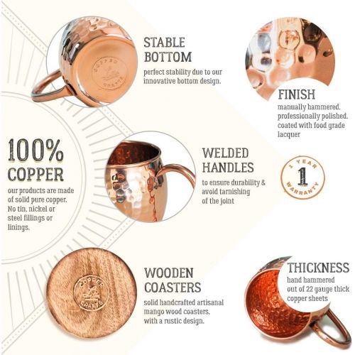  [아마존베스트]L.A. Copper Crafts Moscow Mule Copper Mugs Set - 4 Authentic Handcrafted Copper Mugs (16 oz.) with 2 oz. Shot Glass, 4 Straws, 4 Solid Wood Coasters and Recipe Book - Gift Box Included