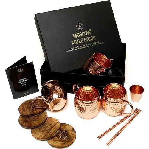  [아마존베스트]L.A. Copper Crafts Moscow Mule Copper Mugs Set - 4 Authentic Handcrafted Copper Mugs (16 oz.) with 2 oz. Shot Glass, 4 Straws, 4 Solid Wood Coasters and Recipe Book - Gift Box Included