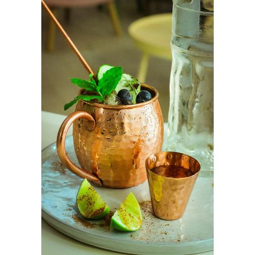  [아마존베스트]L.A. Copper Crafts Moscow Mule Copper Mugs Set - 4 Authentic Handcrafted Copper Mugs (16 oz.) with 2 oz. Shot Glass, 4 Straws, 4 Solid Wood Coasters and Recipe Book - Gift Box Included
