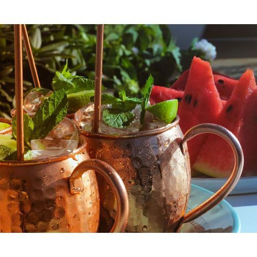  [아마존베스트]L.A. Copper Crafts Moscow Mule Copper Mugs Set - 4 Authentic Handcrafted Copper Mugs (16 oz.) with 2 oz. Shot Glass, 4 Straws, 4 Solid Wood Coasters and Recipe Book - Gift Box Included