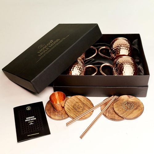 [아마존베스트]L.A. Copper Crafts Moscow Mule Copper Mugs Set - 4 Authentic Handcrafted Copper Mugs (16 oz.) with 2 oz. Shot Glass, 4 Straws, 4 Solid Wood Coasters and Recipe Book - Gift Box Included
