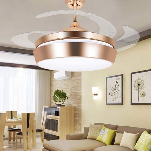  L00001 Leesville Invisible Retractable Ceiling Fan Remote Control Home Decoration Living Room Dinner Room 42 Inch Ceiling Fan Light with 4 Blades Can Retractable, Gold Finish