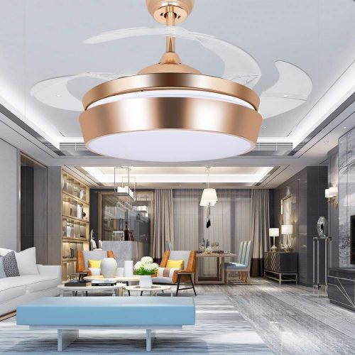  L00001 Leesville Invisible Retractable Ceiling Fan Remote Control Home Decoration Living Room Dinner Room 42 Inch Ceiling Fan Light with 4 Blades Can Retractable, Gold Finish