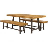 LA&PH Patio Table Set 6-7 Person 3 Pieces/Set Acacia Wood Picnic Dining Table 2 Bench Set Rustic Furniture Outdoor Indoor