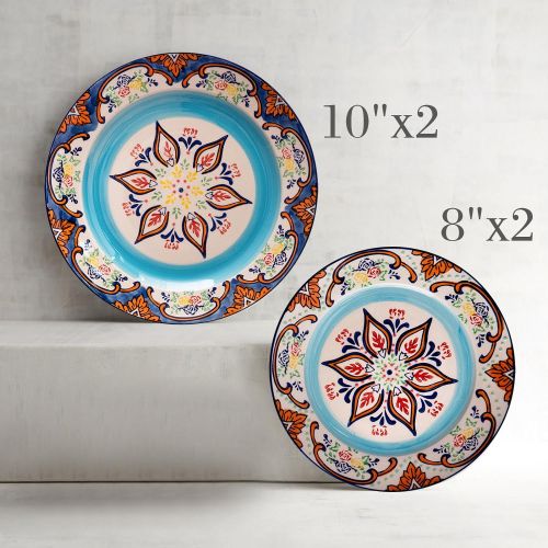  LA JOLIE MUSE Stoneware Dinnerware Sets Accent Plates- 4 Piece Embossed Hand Painted Mexican Floral Design, Housewarming Gift Pack, Multicolor