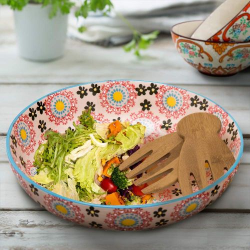  LA JOLIE MUSE Large Stoneware Salad Serving Bowl, 78oz/11inch Embossed Multicolor Mexican Floral Design, with 2 Bamboo Salad Hands