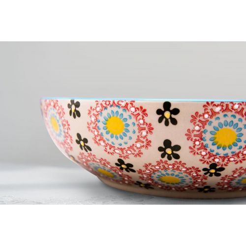  LA JOLIE MUSE Large Stoneware Salad Serving Bowl, 78oz/11inch Embossed Multicolor Mexican Floral Design, with 2 Bamboo Salad Hands