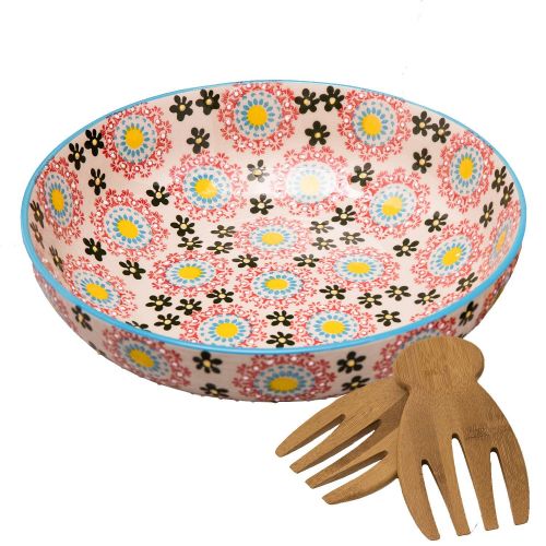  LA JOLIE MUSE Large Stoneware Salad Serving Bowl, 78oz/11inch Embossed Multicolor Mexican Floral Design, with 2 Bamboo Salad Hands