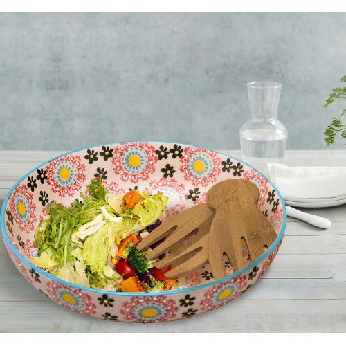  LA JOLIE MUSE Large Stoneware Salad Serving Bowl, 78oz/11inch Embossed Multicolor Mexican Floral Design, with 2 Bamboo Salad Hands