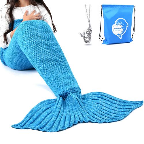  LAGHCAT Mermaid Tail Blanket Crochet Mermaid Blanket for Adult, Soft All Seasons Sleeping Blankets, Classic Pattern (71x35.5, Blue)