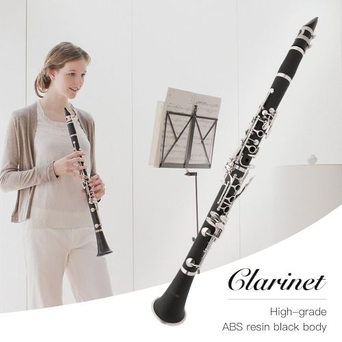  LAGRIMA Bb Flat Clarinet for Students Beginner Adult with 2 Barrels, Case, Mouthpiece, Care Kit, Glove, Screwdriver and Soft Cleaning Cloth, Black&Silver