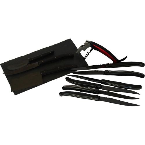  Laguiole Diamond Black Collection 3 Piece Cheese and Black Slate Serving Set and 6 Piece Steak Knife with Gift Wood Box and Free 3-in-1 Wine Opener