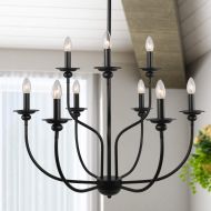 LALUZ 9 Lights French Country Metal Chandelier, 2-Tier Pendant Light Fixture in Painted Black Finish, 30 Large Kitchen Island Lighting, A03233