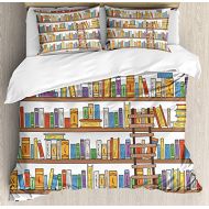 LAMANDA Modern Bed Set Library Bookshelf with A Ladder School Education Campus Life Caricature Illustration Bedding Sets Duvet Cover Flat Sheet No Comforter with Decorative Pillow Shams fo
