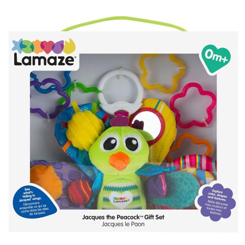  LAMAZE - Jacque The Peacock Gift Set, Support Babys Development with Bright Colors, Fun Textures, and a Self-Discovery Mirror, Clips to Carriers, Strollers and Diaper Bags, 0 Month