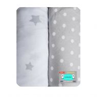 Pack N Play Portable Crib Sheet Set by LANCON Kids - 2 Pack of Ultra Soft, Premium 100% Jersey Knit Cotton Fitted Sheets (Gray Star/White Polka Dot)