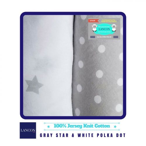  Pack N Play Portable Crib Sheet Set by LANCON Kids - 2 Pack of Ultra Soft, Premium 100% Jersey Knit Cotton Fitted Sheets (Gray Star/White Polka Dot)