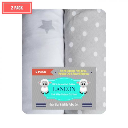 Pack N Play Portable Crib Sheet Set by LANCON Kids - 2 Pack of Ultra Soft, Premium 100% Jersey Knit Cotton Fitted Sheets (Gray Star/White Polka Dot)