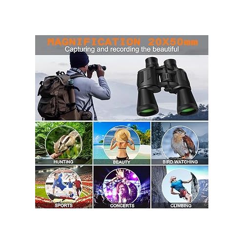  20x50 High Power Binoculars for Adults with Smartphone Adapter, HD Professional/Daily Waterproof Compact Binoculars for Bird Watching Hiking Concert Travel with BAK4 Prism FMC Lens, Black