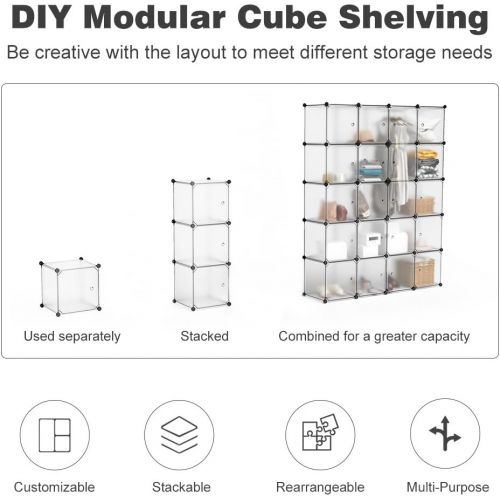  [아마존 핫딜] [아마존핫딜]LANGRIA 20 Cubby Shelving Closet System Cube Organizer Plastic Storage Cubes Drawer Unit, DIY Modular Bookcase Cabinet with Translucent Design for Clothes, Shoes, Toys (White)