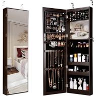 [아마존핫딜][아마존 핫딜] LANGRIA 10 LEDs Wall Door Mounted Jewelry Armoire Full-Length Mirror Cabinet Organizer with Spacious Storage, Mirror Size 13.5 in W x 46 in H, Brown