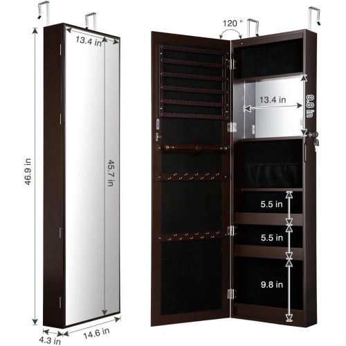  [아마존핫딜][아마존 핫딜] LANGRIA 10 LEDs Wall Door Mounted Jewelry Armoire Full-Length Mirror Cabinet Organizer with Spacious Storage, Mirror Size 13.5 in W x 46 in H, Brown