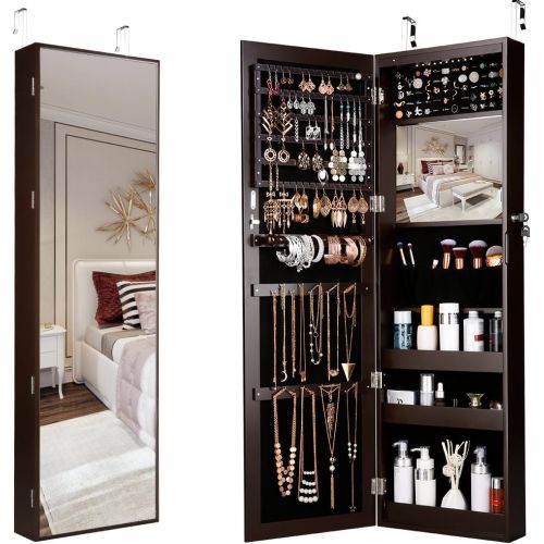  [아마존핫딜][아마존 핫딜] LANGRIA 10 LEDs Wall Door Mounted Jewelry Armoire Full-Length Mirror Cabinet Organizer with Spacious Storage, Mirror Size 13.5 in W x 46 in H, Brown