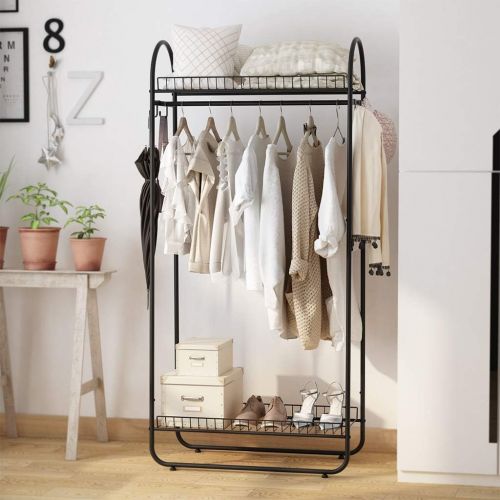  [아마존 핫딜] LANGRIA Compact Free-Standing Garment Rack Made of Sturdy Iron with Spacious Storage Space, 2 Shelves, 1 Clothes Hanging Rod, Heavy Duty Clothes Organizer for Bedroom, Entryway (Bl