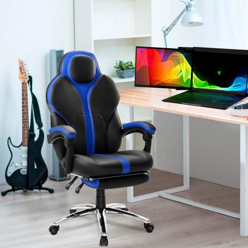  LANGRIA Blue Gaming Chair Office Chair E-Sports Chair Ergonomic High-Back Faux Leather Swivel Style Adjustable Executive Computer Desk Chair Footrest and Tilting Back for Racing Ga