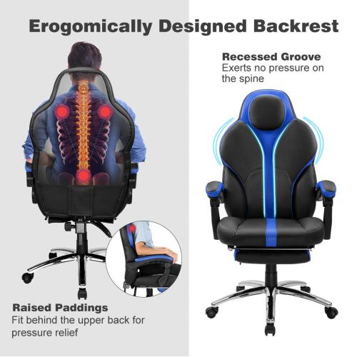  LANGRIA Blue Gaming Chair Office Chair E-Sports Chair Ergonomic High-Back Faux Leather Swivel Style Adjustable Executive Computer Desk Chair Footrest and Tilting Back for Racing Ga
