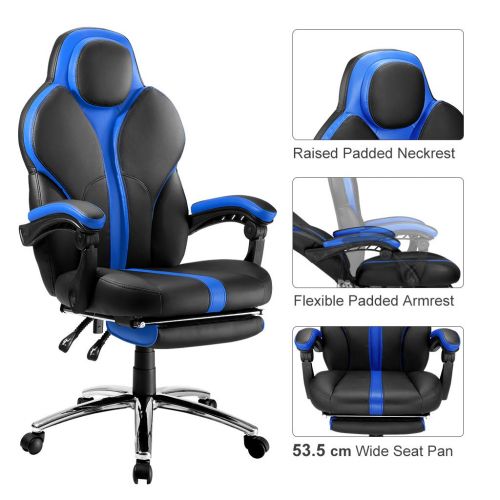  LANGRIA Blue Gaming Chair Office Chair E-Sports Chair Ergonomic High-Back Faux Leather Swivel Style Adjustable Executive Computer Desk Chair Footrest and Tilting Back for Racing Ga