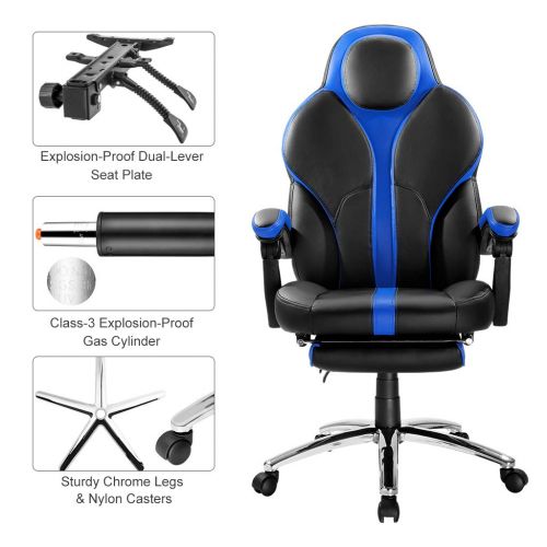  LANGRIA Blue Gaming Chair Office Chair E-Sports Chair Ergonomic High-Back Faux Leather Swivel Style Adjustable Executive Computer Desk Chair Footrest and Tilting Back for Racing Ga