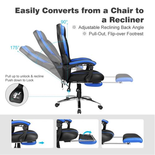  LANGRIA Blue Gaming Chair Office Chair E-Sports Chair Ergonomic High-Back Faux Leather Swivel Style Adjustable Executive Computer Desk Chair Footrest and Tilting Back for Racing Ga