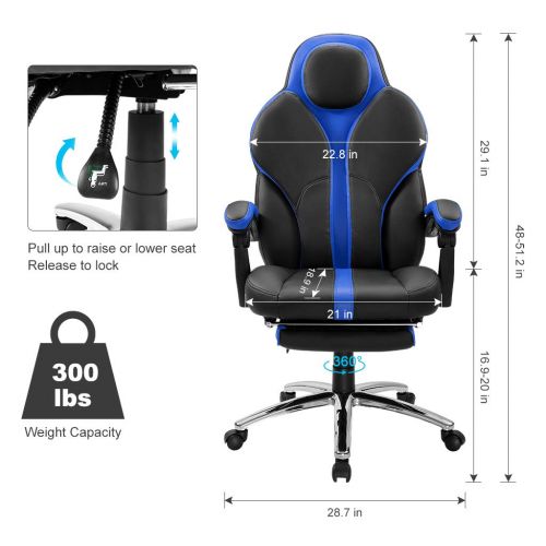  LANGRIA Blue Gaming Chair Office Chair E-Sports Chair Ergonomic High-Back Faux Leather Swivel Style Adjustable Executive Computer Desk Chair Footrest and Tilting Back for Racing Ga