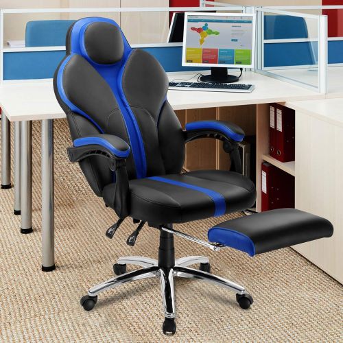  LANGRIA Blue Gaming Chair Office Chair E-Sports Chair Ergonomic High-Back Faux Leather Swivel Style Adjustable Executive Computer Desk Chair Footrest and Tilting Back for Racing Ga