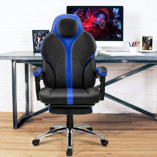  LANGRIA Blue Gaming Chair Office Chair E-Sports Chair Ergonomic High-Back Faux Leather Swivel Style Adjustable Executive Computer Desk Chair Footrest and Tilting Back for Racing Ga