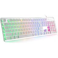 [아마존베스트]LANGTU Membrane Gaming Keyboard, Rainbow LED Backlit Quiet Keyboard for Office, USB Wired All-Metal Panel 25 Keys Anti-ghosting Computer Keyboard 104 Keys - L1 White/Silver